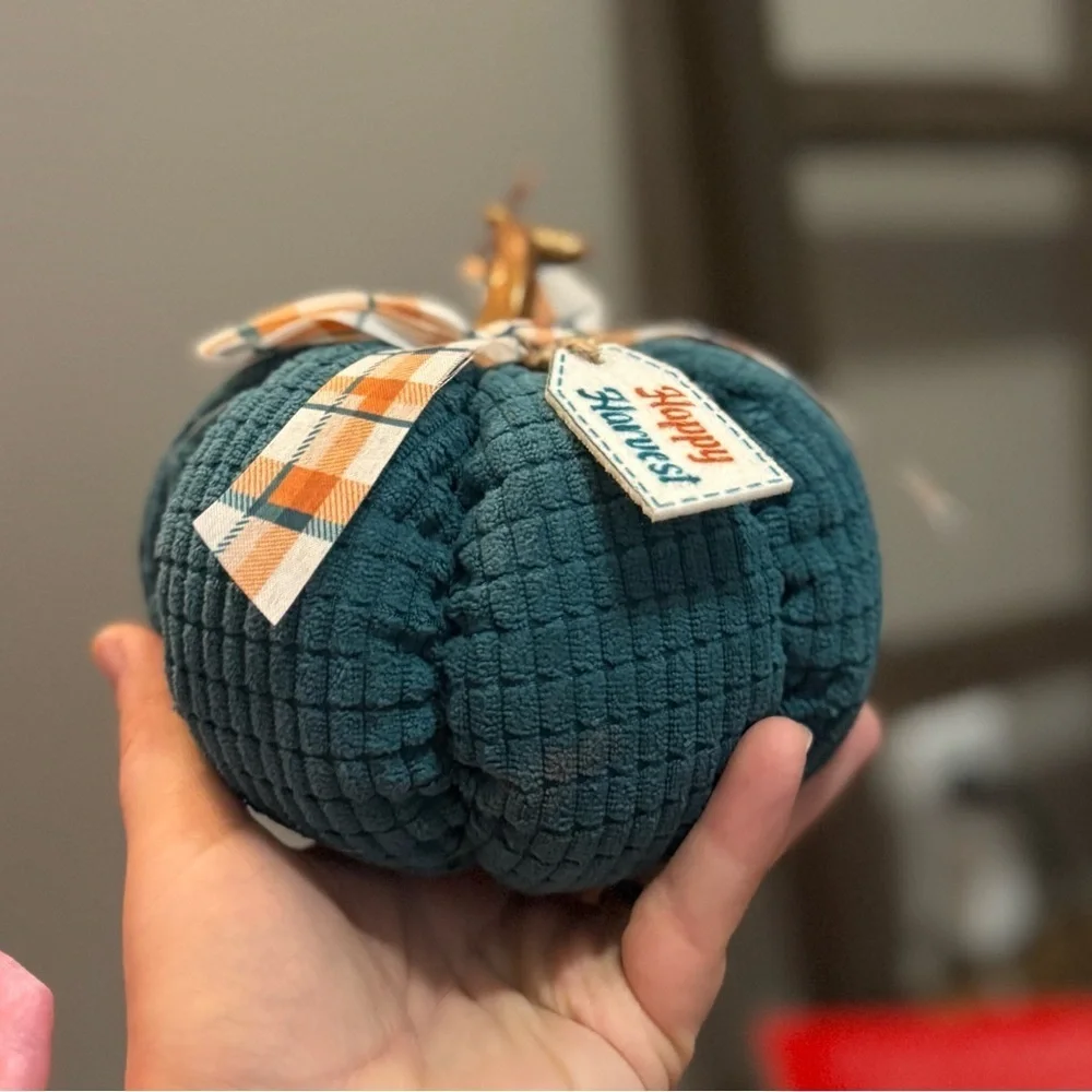 Happy Harvest Pumpkin Decor in Teal with Plaid Bow